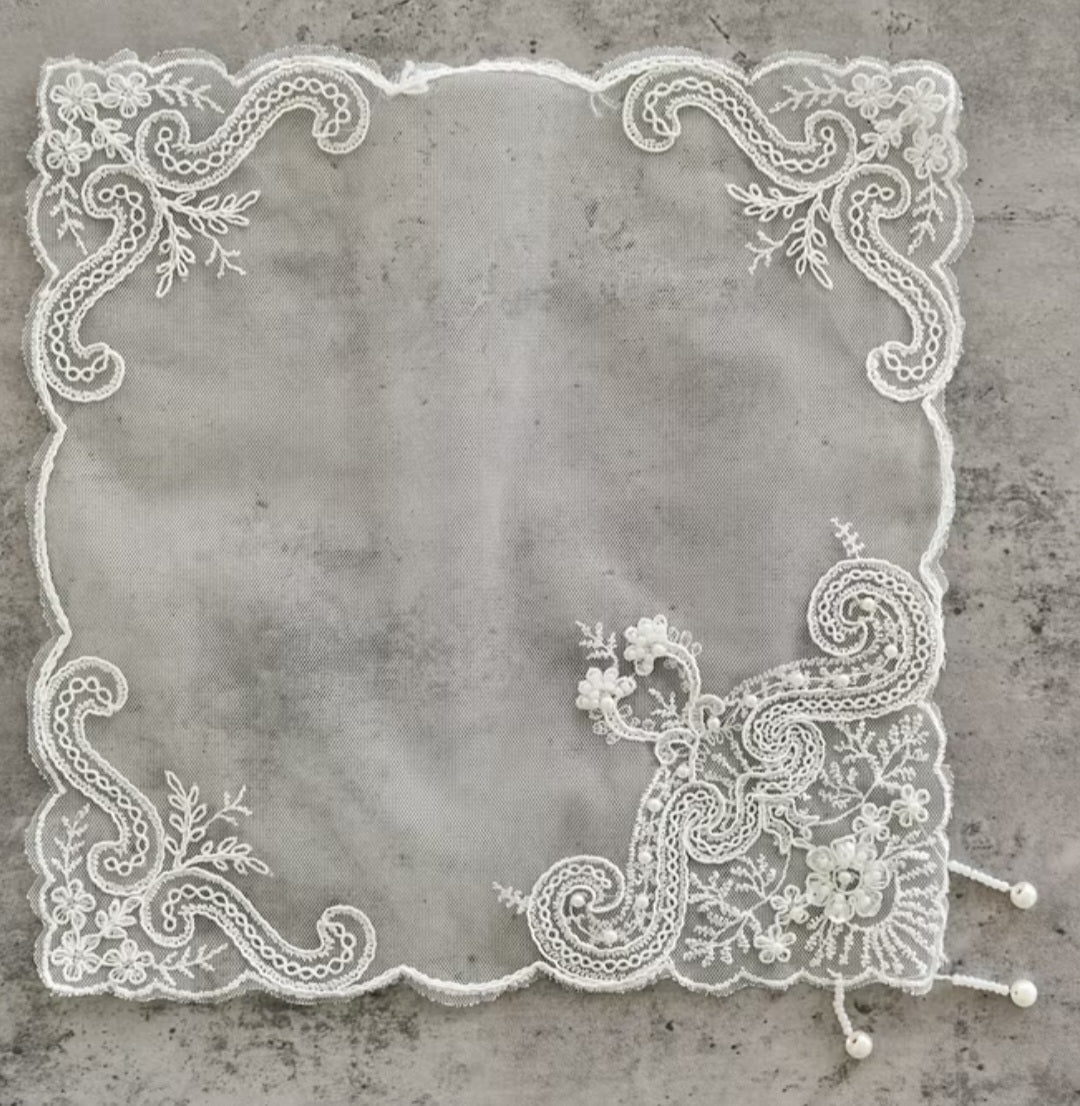personalized handkerchief, embroidered handkerchief, lace cotton handkerchief, wedding keepsake, mother of the bride gift, memorial handkerchief, custom monogram gift, something blue, bride gift, custom embroidery NZ, heirloom handkerchief, initials date verse